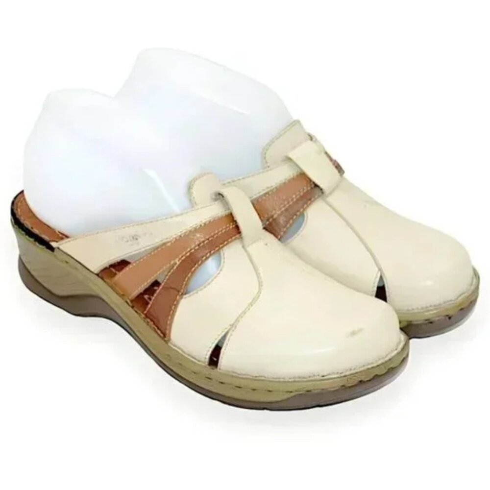Seibel Ivory White Tan Beige Neutral Leather Slip On Mules Clogs Slides 38 7-7.5